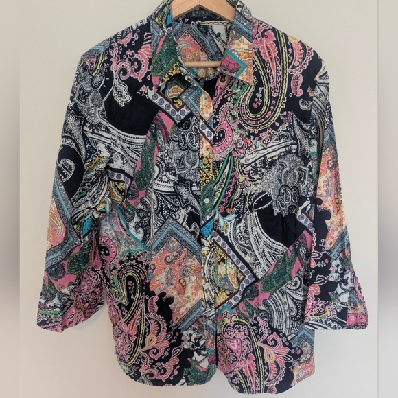 Lauren Ralph Lauren Handkerchief Patchwork Bright Button Up Shirt 1X Lightweight - Picture 1 of 8